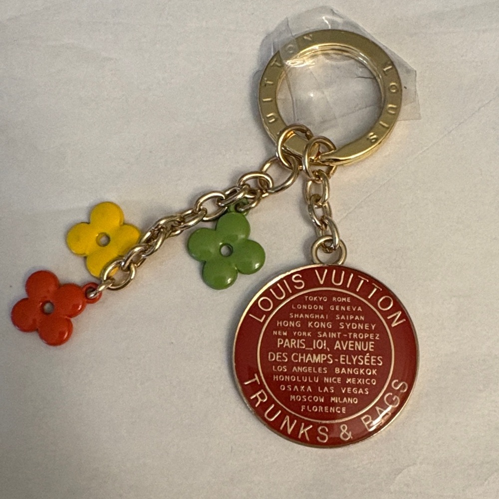 Louis Vuitton Red Medallion Key Holder with Yellow, Green & Orange Flower Charms